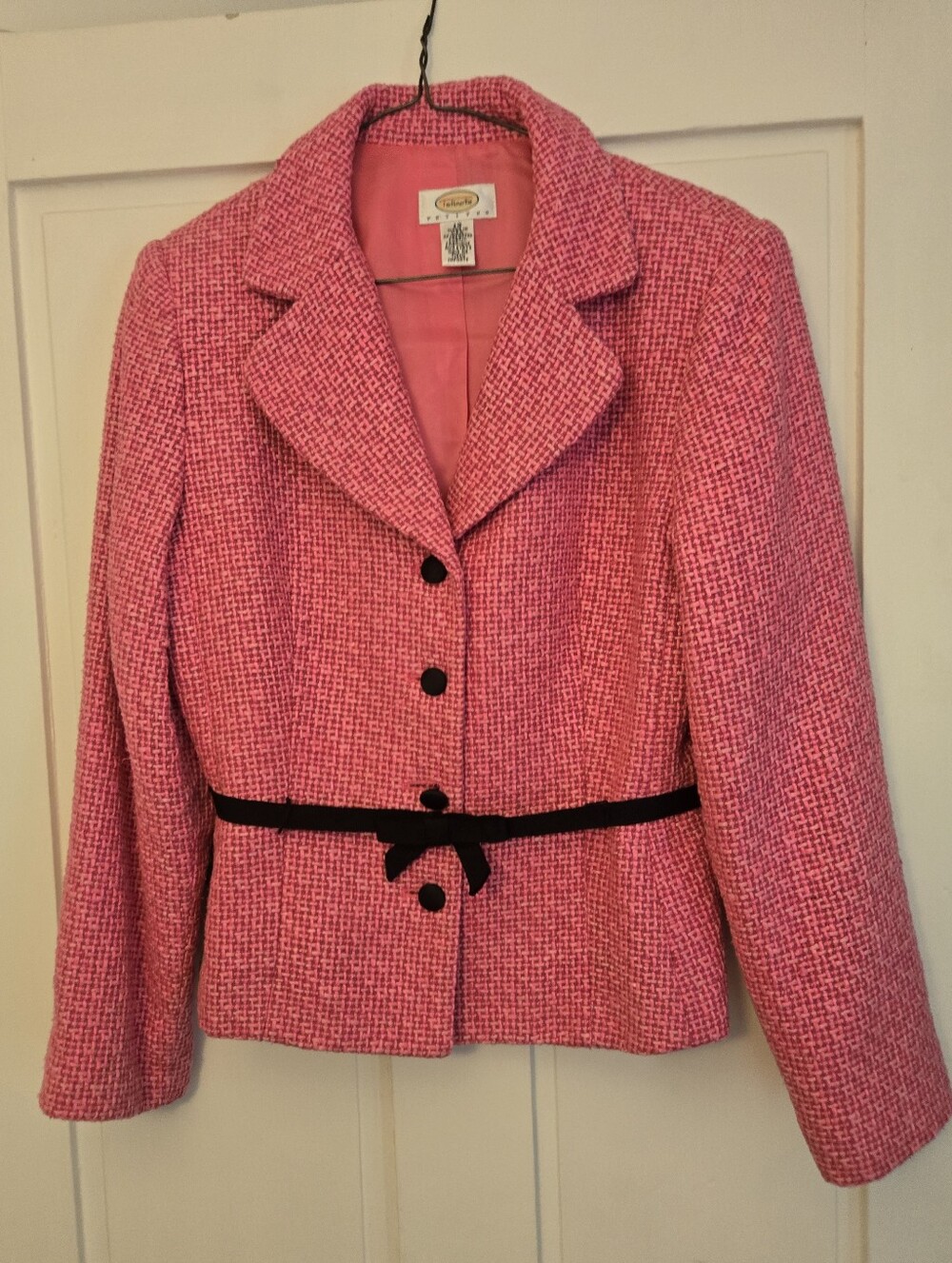 Classic Pink Tweed Women's Jacket with Black Trim